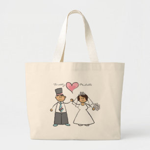 Bolsa Tote Grande Cartoon Wedding Casal Bride & Groom Pink Heart