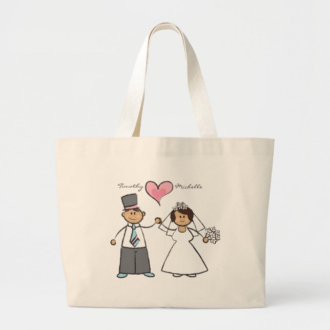 Bolsa Tote Grande Cartoon Wedding Casal Bride & Groom Pink Heart (Frente)