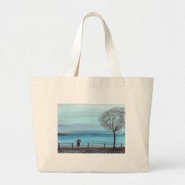 Bolsa Tote Grande Casal apaixonado por um guarda-chuva vermelho