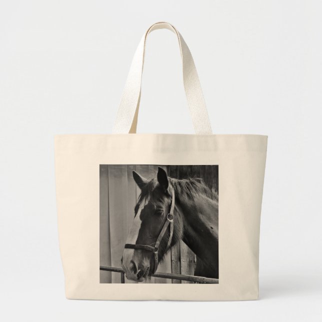 Bolsa Tote Grande Cavalo Branco Negro - Fotografia Animal (Frente)