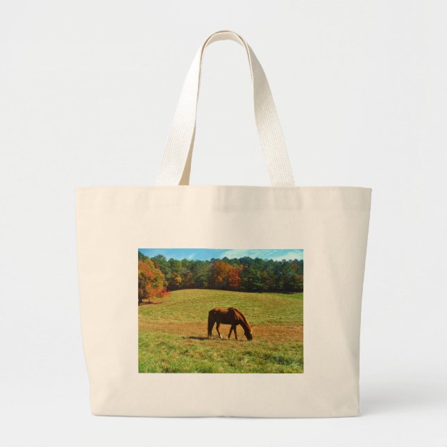 Bolsa Tote Grande Cavalo Castanho Vermelho nas árvores do outono (Frente)