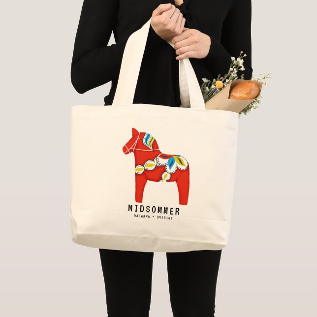 Bolsa Tote Grande Cavalo Dala Vermelho de Arte Folclórica Personaliz (Frente (produto))