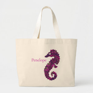 Bolsa Tote Grande Cavalo-marinho Fractal, Rosa e Roxo, com Nome