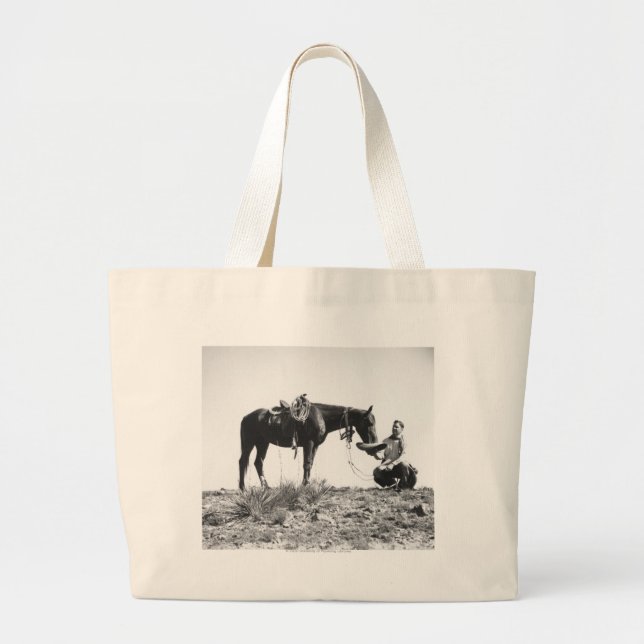 Bolsa Tote Grande Cavalo que come de um chapéu de vaqueiro (Frente)