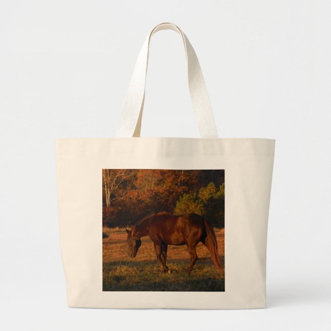 Bolsa Tote Grande Cavalo Vermelho Brown, bosque de outono. (Frente)