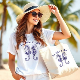 Bolsa Tote Grande Cavalos-Pescadores Core-Havaí-Tropical-Azul