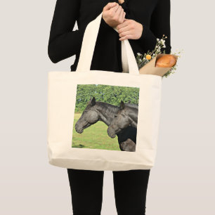 Bolsa Tote Grande Cavalos Pretos em Prado Iluminado pelo Sol