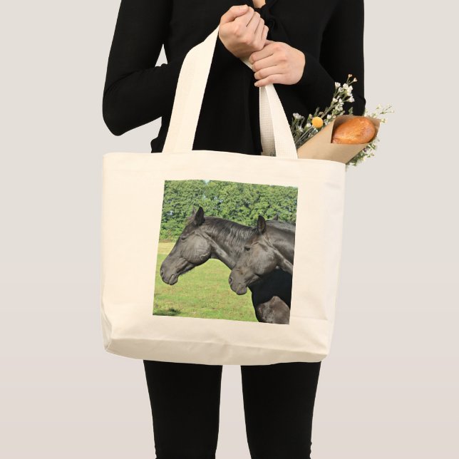 Bolsa Tote Grande Cavalos Pretos em Prado Iluminado pelo Sol (Frente (produto))