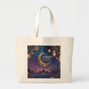 Bolsa Tote Grande Celebração islâmica do Eid al fitr Dourado e azul-
