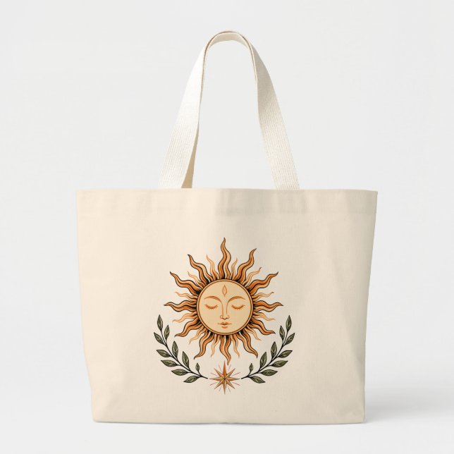 Bolsa Tote Grande Celestial Sun Face Botanical Mystical Art (Frente)