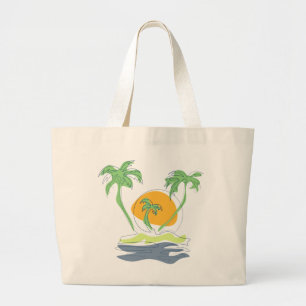 Bolsa Tote Grande Cenário de praia de ilha tropical. Árvore de palme