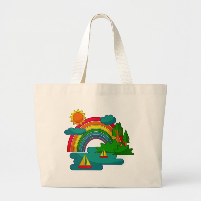 Bolsa Tote Grande Cenário de viagem de barco sob nuvens de sol e arc (Frente)