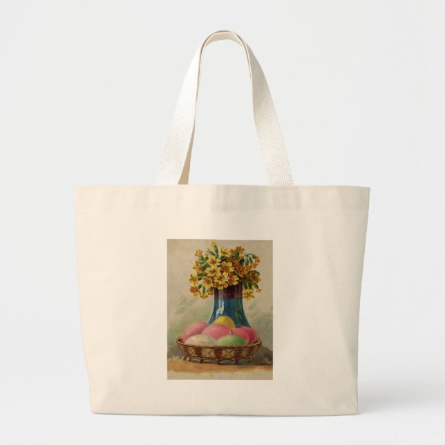 Bolsa Tote Grande Cesta de Páscoa Ovos Flores Antigo (Frente)