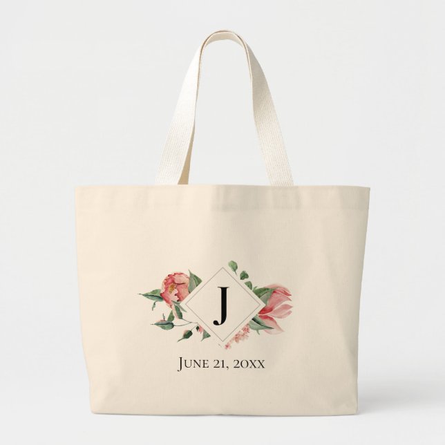 Bolsa Tote Grande Cheire os Rosas, Monograma, Data de Casamento (Frente)