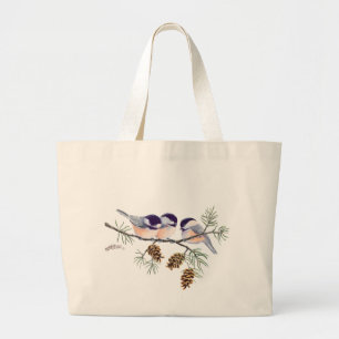 Bolsa Tote Grande CHICKADEE & PINE CONES por SHARON SHARPE