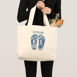 Bolsa Tote Grande Chinelos Azul e Branco em Listras