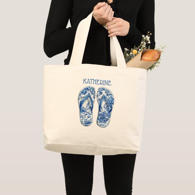 Bolsa Tote Grande Chinelos Azul e Branco em Listras (Frente (produto))