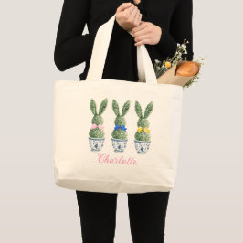 Bolsa Tote Grande Chinoiserie Azul e Branco Com Topiárias de Coelho