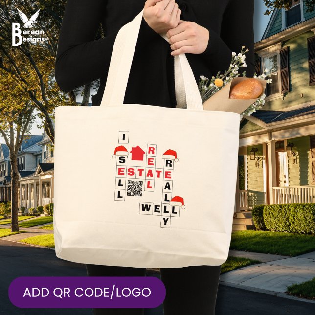 Bolsa Tote Grande CHRISTMAS Real Estate SELL REALLY WELL QR Realtor (Fun I SELL REAL ESTATE REALLY WELL Christmas tote bag gift for realtors. Incl custom QR code/logo)