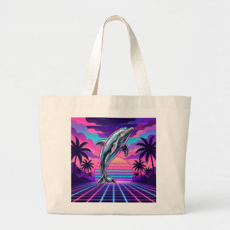 Bolsa Tote Grande Chrome Vaporwave Golfinho Retro Pôr do Sol
