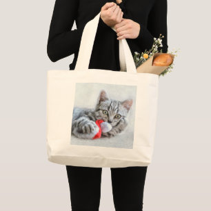 Bolsa Tote Grande Cinzas bonitas por gato Natal Hat Xmas