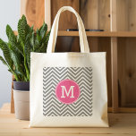 Bolsa Tote Grande Cinzas e braçadeiras cor-de-rosa com monograma tri<br><div class="desc">Um design de deco de arte em cor rosa e cinza. Se precisar ajustar os monogramas,  clique no botão personalizar e faça alterações.</div>