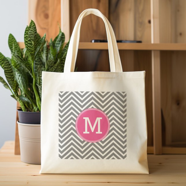Bolsa Tote Grande Cinzas e braçadeiras cor-de-rosa com monograma tri (Personalized tote bag with chevrons and monogram)