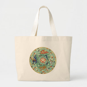 Bolsa Tote Grande Círculo Chinês Antigo Verde Azul