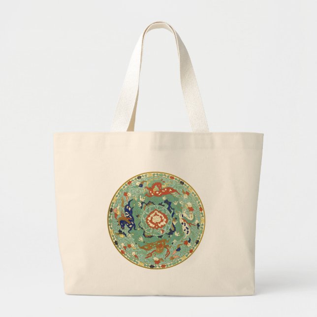 Bolsa Tote Grande Círculo Chinês Antigo Verde Azul (Frente)