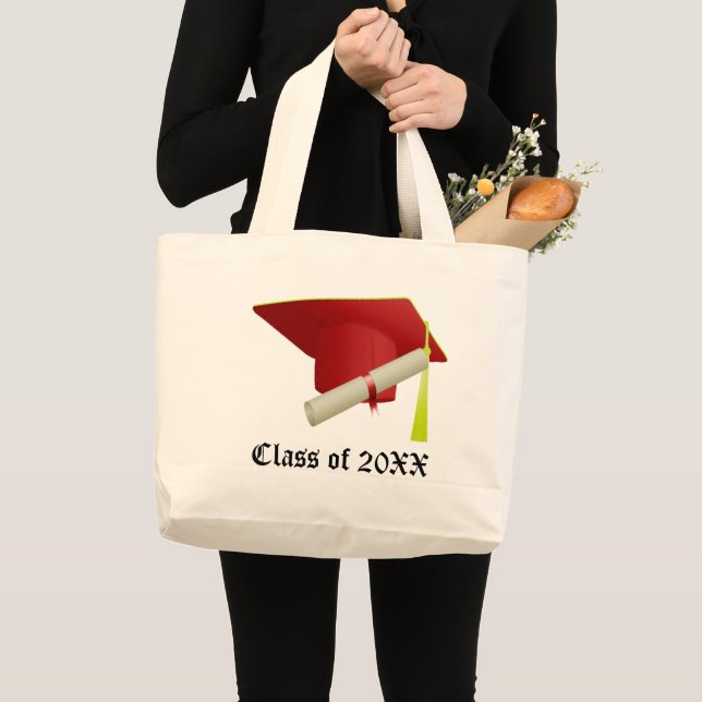 Bolsa Tote Grande Classe de Boné Vermelho e Diploma para Graduação 2 (Frente (produto))