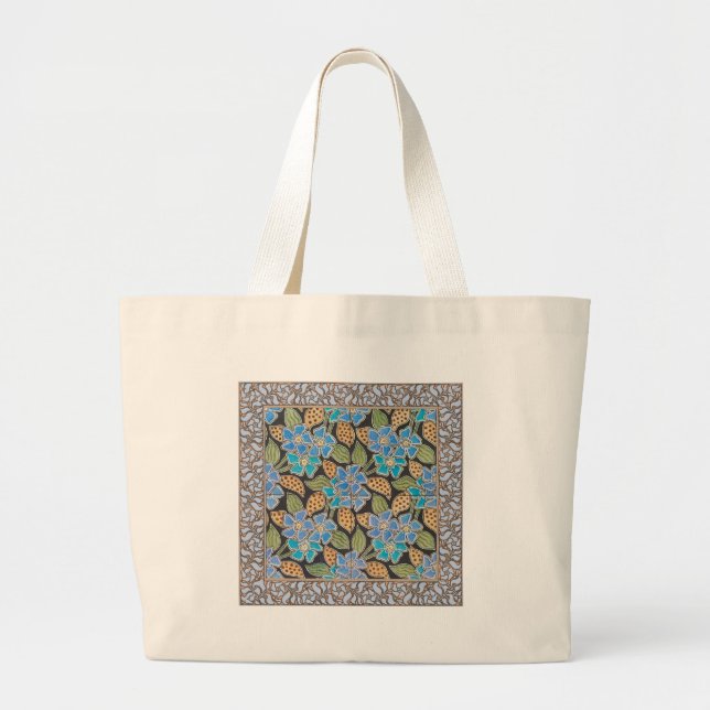 Bolsa Tote Grande Clássico Floral Clássico Azul-Flor Elegante (Frente)