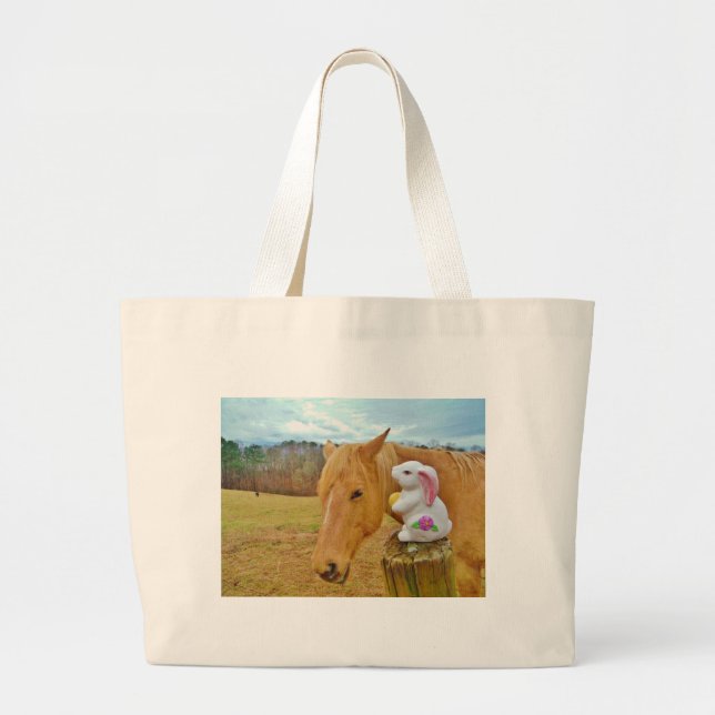 Bolsa Tote Grande Coelho branco e cavalo amarelo loiro (Frente)