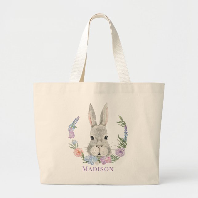 Bolsa Tote Grande Coelho Coelho da Páscoa Aquarela Floral Personaliz (Frente)