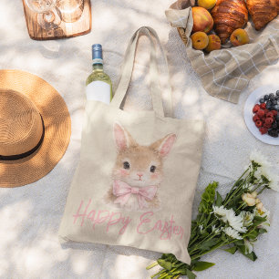 Bolsa Tote Grande Coelho em Aquarela com Laço Rosa   Coelhinho de Pá