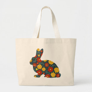 Bolsa Tote Grande Coelho retrô com flores laranja e amarelas