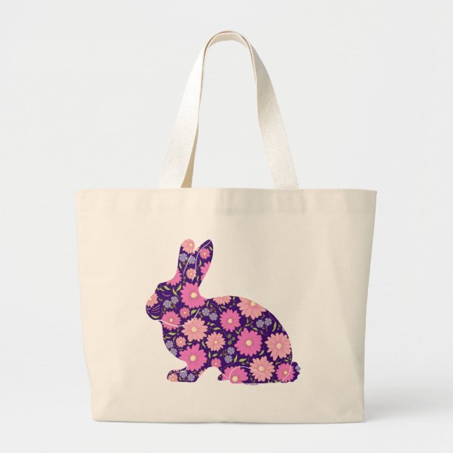 Bolsa Tote Grande Coelho retrógrado rosa e flores (Frente)