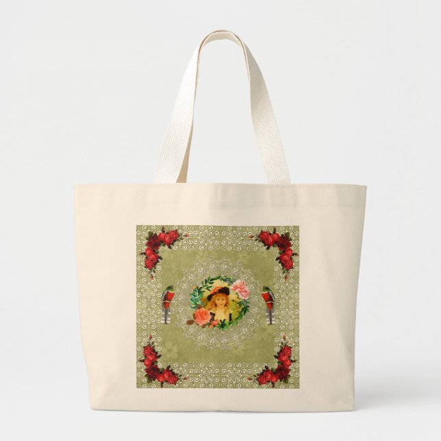 Bolsa Tote Grande Colagem da safra Retro com rendas e flores (Frente)