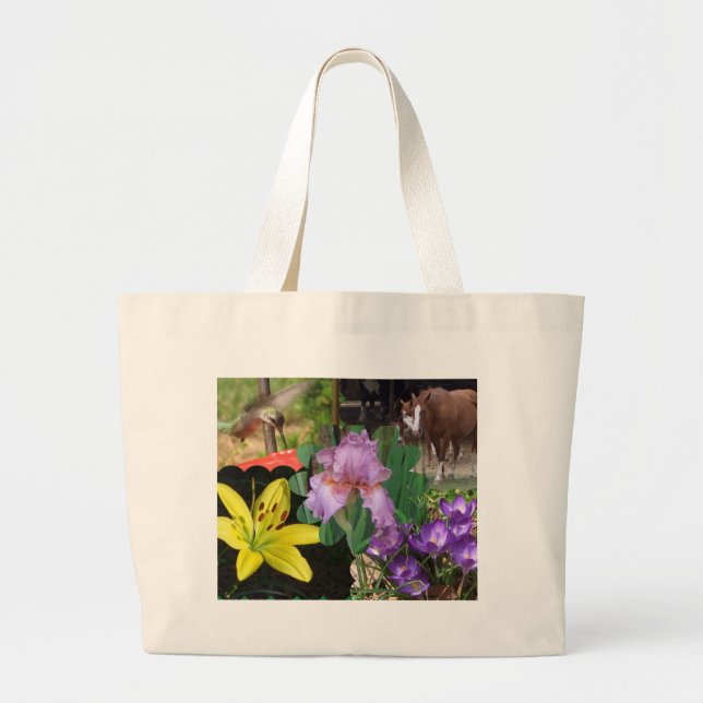 Bolsa Tote Grande Colagem das flores, dos cavalos, e do colibri (Frente)