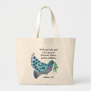 Bolsa Tote Grande Colorful Dove w Verse sobre paz (Galatianos 5:22)