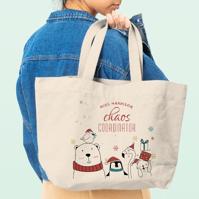 Bolsa Tote Grande Coordenador de Caos de Animais de Natal Personaliz (Criador carregado)