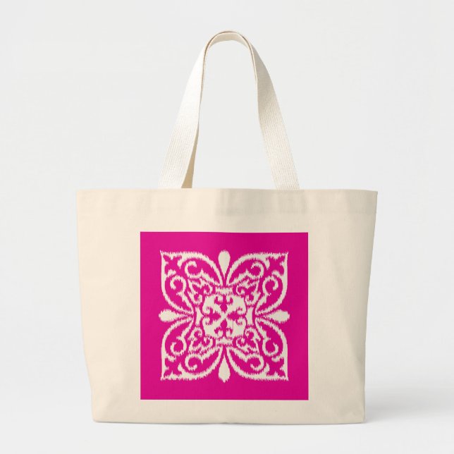 Bolsa Tote Grande Cor damasco Ikat - rosa profundo e branco (Frente)