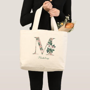 Bolsa Tote Grande Cor de Algodão Rosa M Monograma Toque Bag Nome Per