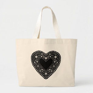 Bolsa Tote Grande Coração de rendas pretas