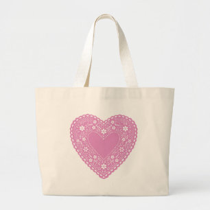 Bolsa Tote Grande Coração de rendas rosa