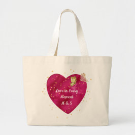 Bolsa Tote Grande Coração Romântico & Borboleta Dourada do Dia dos N