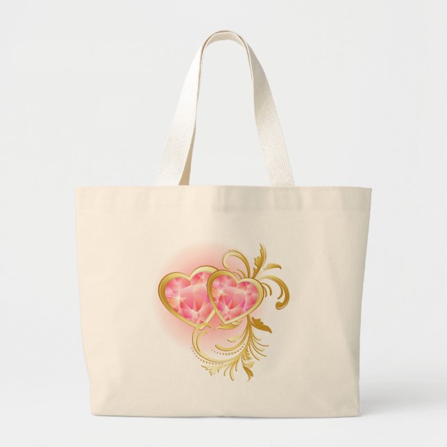 Bolsa Tote Grande Corações de Joias Rosa (Frente)