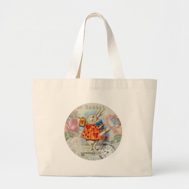 Bolsa Tote Grande Corações do Coelho Branco Alice Clássico (Frente)