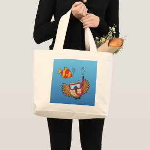 Bolsa Tote Grande Coruja com Máscara Snorkel e Peixes Tropicais