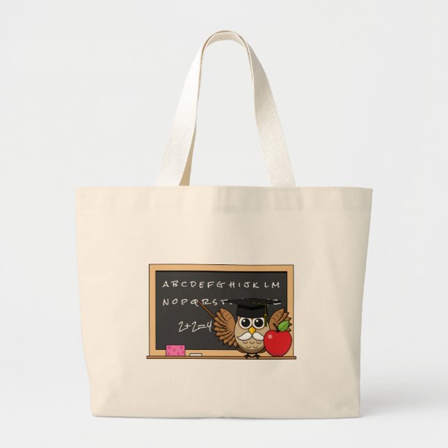 Bolsa Tote Grande Coruja de Professores Bonita com Cartoon Apple (Frente)
