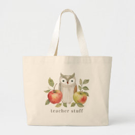 Bolsa Tote Grande Coruja e Maçãs em Aquarela para Professores